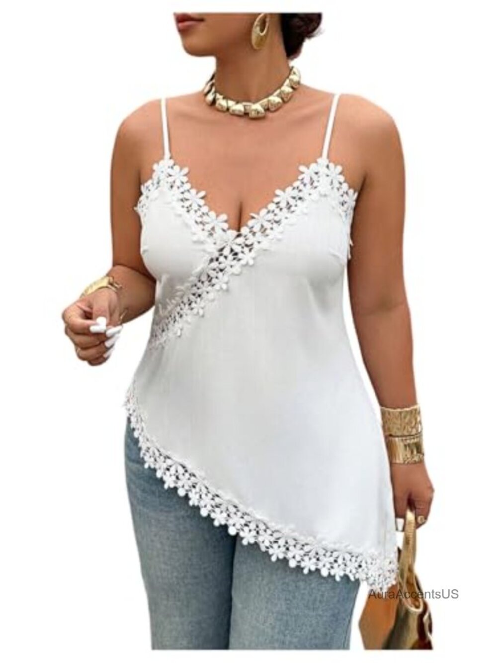 Plus Size Lace Deep V Neck Cami Top Asymmetrical Sleeveless Camisole
